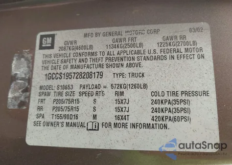 2002 Chevrolet S-10 from USA, damaged, VIN 1GCCS195728208179
